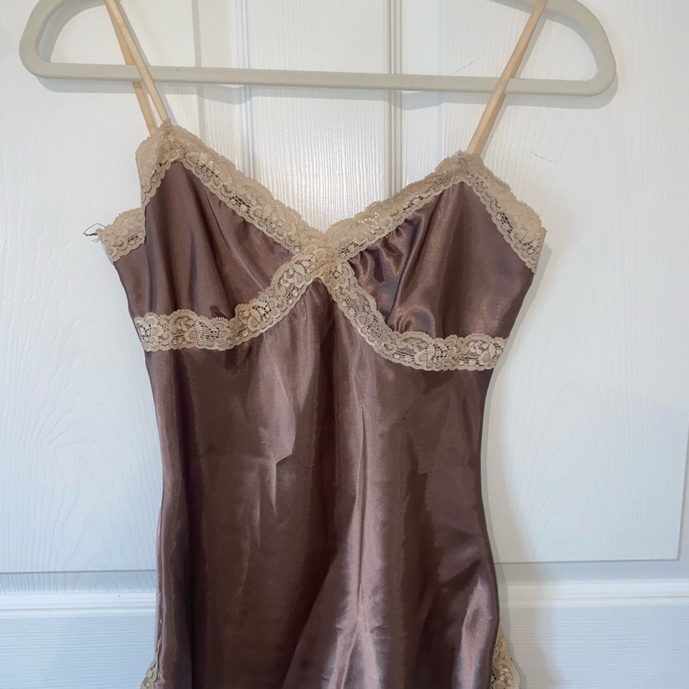 Charlotte Russe Brown Satin Chemise with Beige Lace Trim